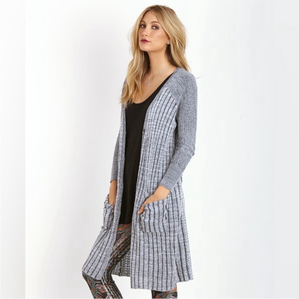 Free People Shadow Stripe Knit Duster Cardigan | Grey | Medium